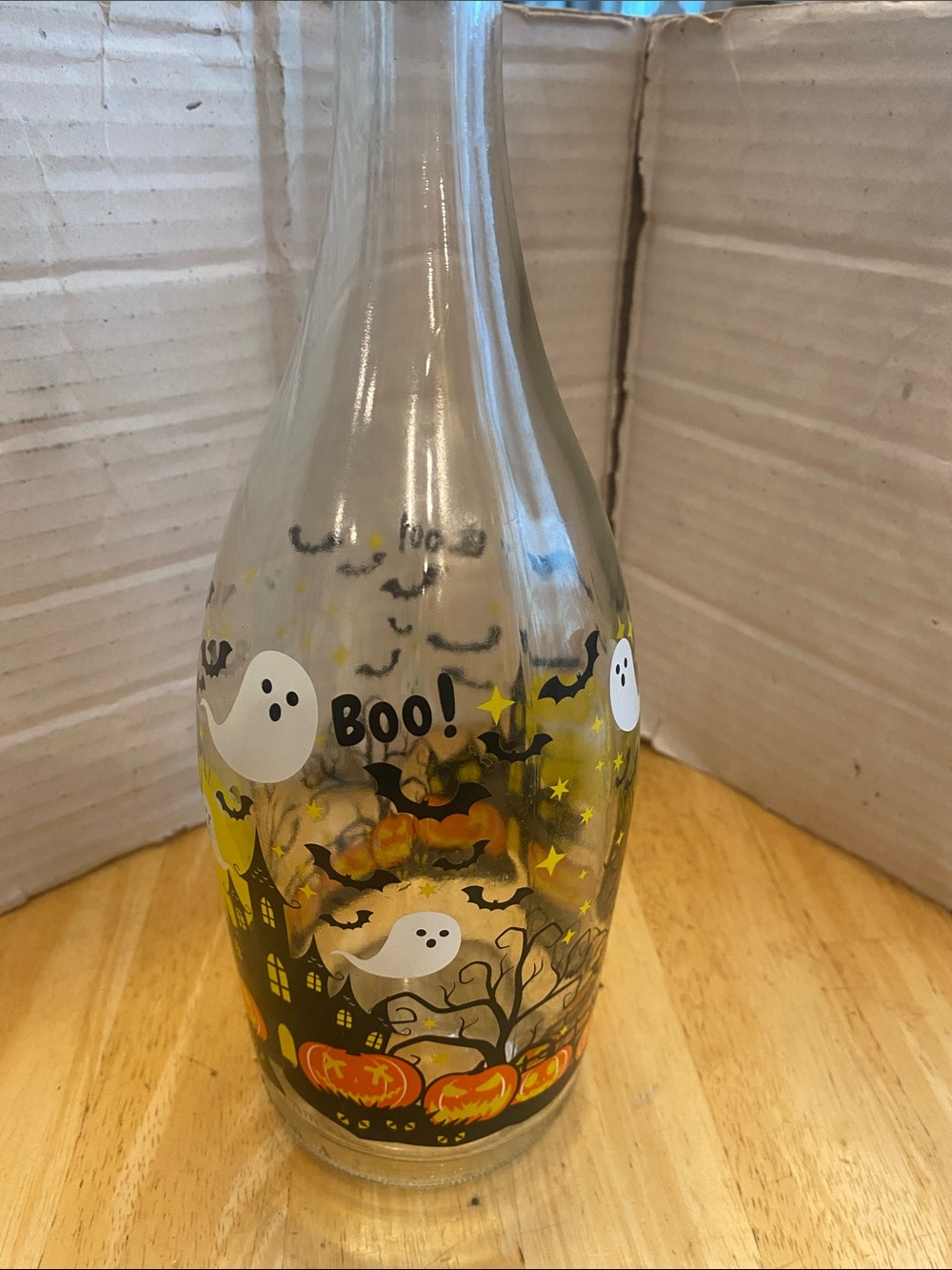 Glass Halloween Decanter Bottle with Stopper - Ghost & Pumpkin Design about 12in